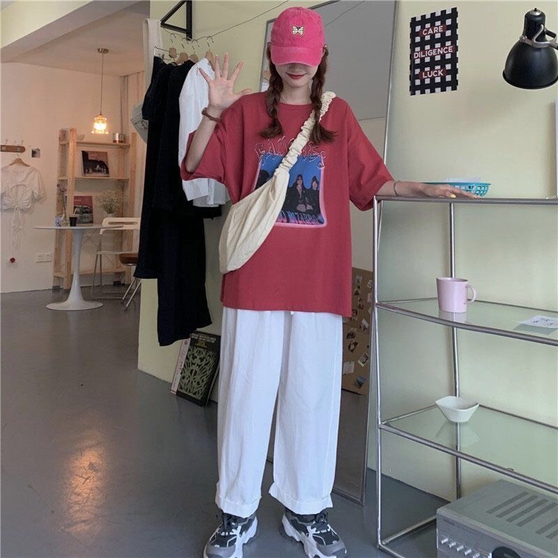 Sét Áo thun Đỏ + quần kaki trắng, Áo thun from rộng, Chất đẹp không xù, quần suông ống rộng, Sét bộ mặc ở nhà - MODY