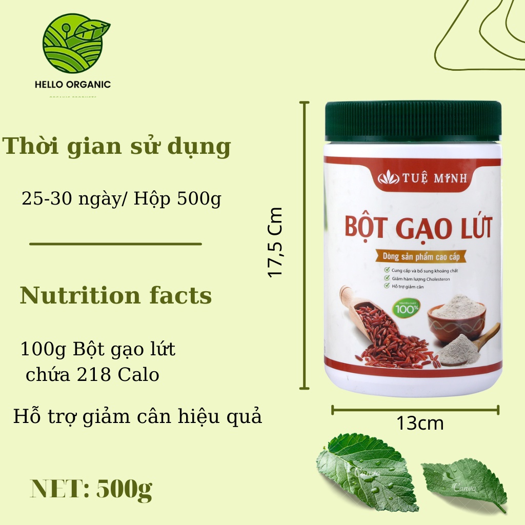 Bột Gạo Lứt Giảm Cân Dành Cho Người Ăn Kiêng Bột Gạo Lức Huyết Rồng Tuệ Minh Nguyên Chất 100% -Hello Organic