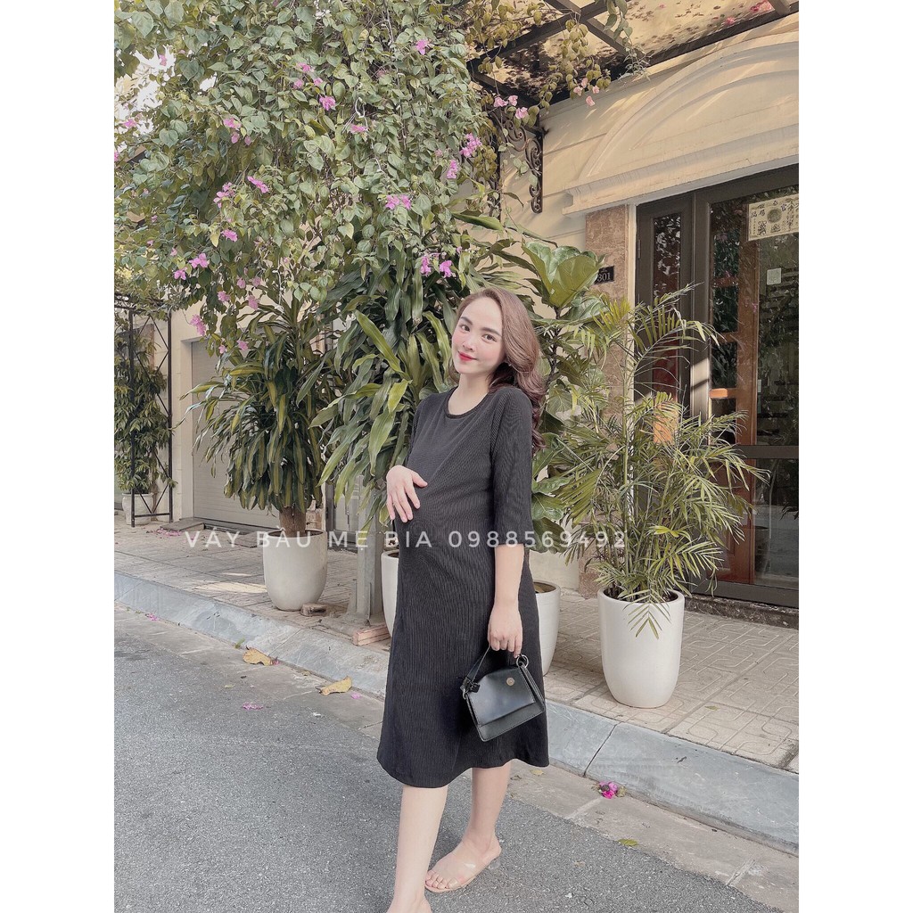Váy bầu bigsize - Đầm bầu thiết kế GuMe chất len tăm dáng suông HACK DÁNG 2 màu NÂU-ĐEN, SIZE 40-120KG- MB262