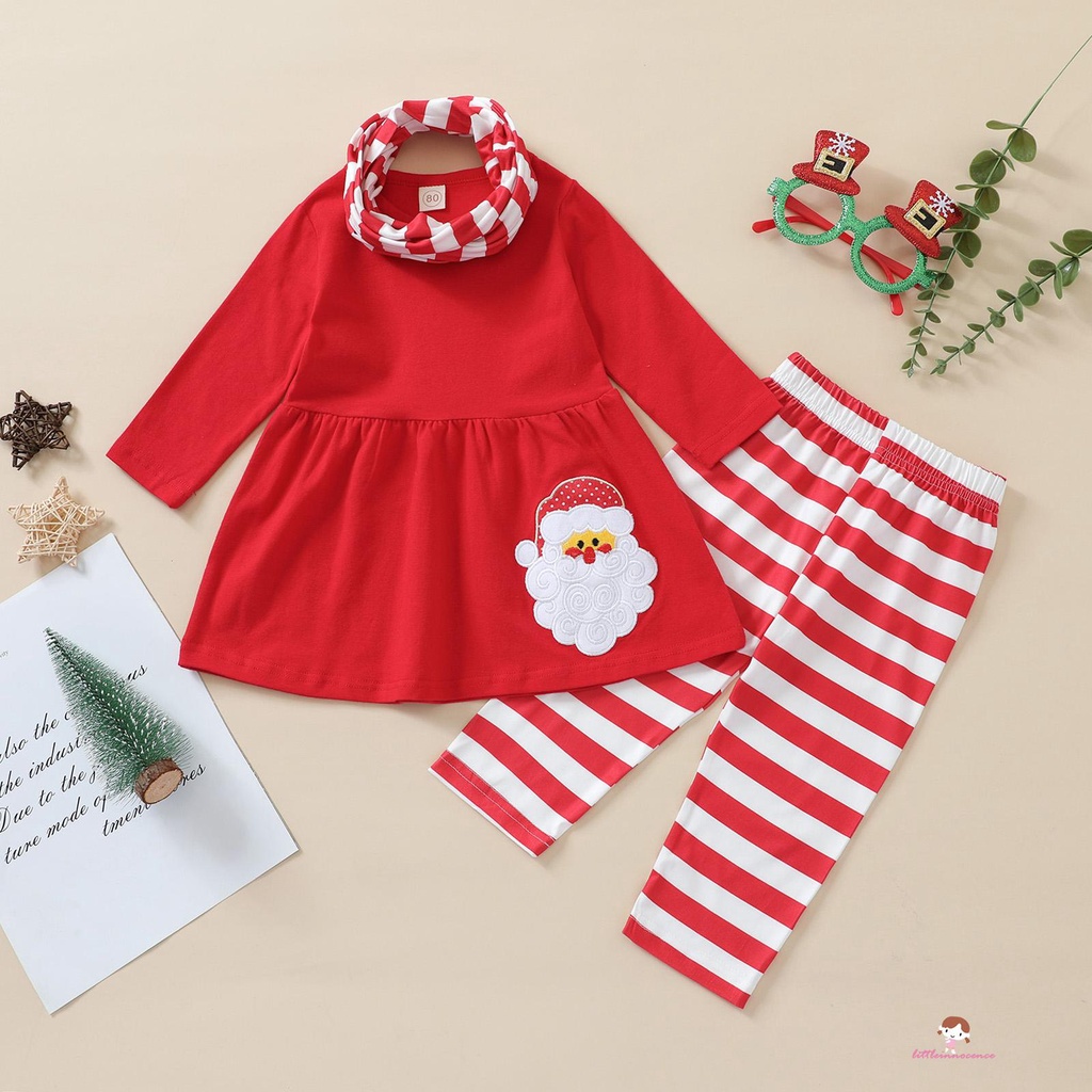 Bộ áo tay dài cổ tròn thêu họa tiết ông già noel + quần dài kẻ sọc + khăn choàng cổ điển cho bé gái 7 tuổi