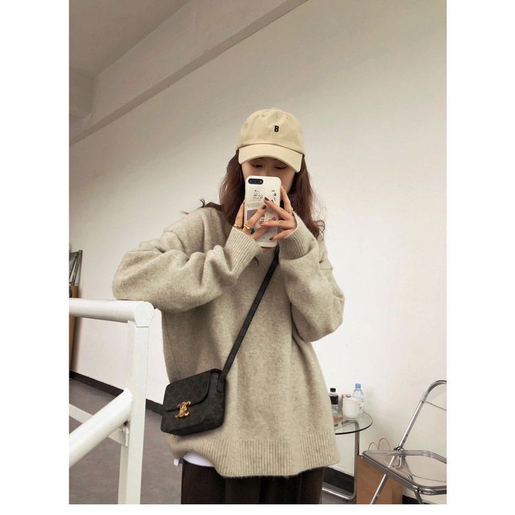 Áo len nữ cổ tròn dáng rộng phong cách Nhật Bản thiết kế đơn giản
