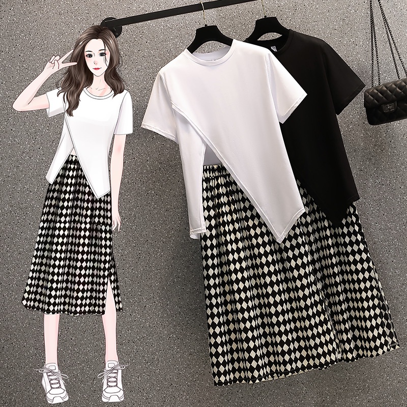 🌸Hàng Order🌸 Sét Váy Đầm Bigsize Áo Phông Vạt Chéo Kết Hợp Chân Váy Kẻ Dáng Dài Nữ Tính🌸Hàng Quảng Châu