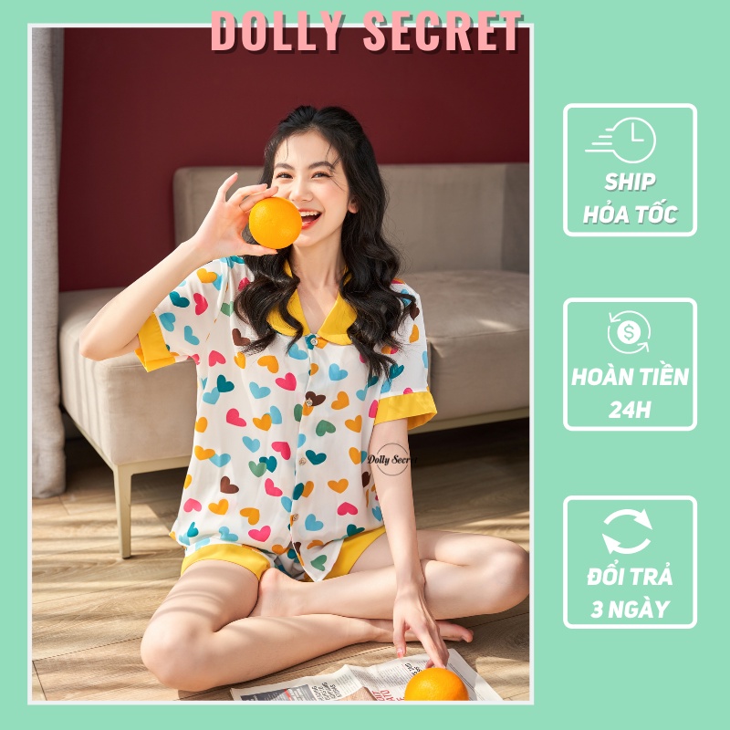 Đồ bộ Pijama ngắn tay cộc quần đùi lụa mango cổ tròn họa tiết trái tim chấm bi đáng yêu DOLLY SECRET CC04