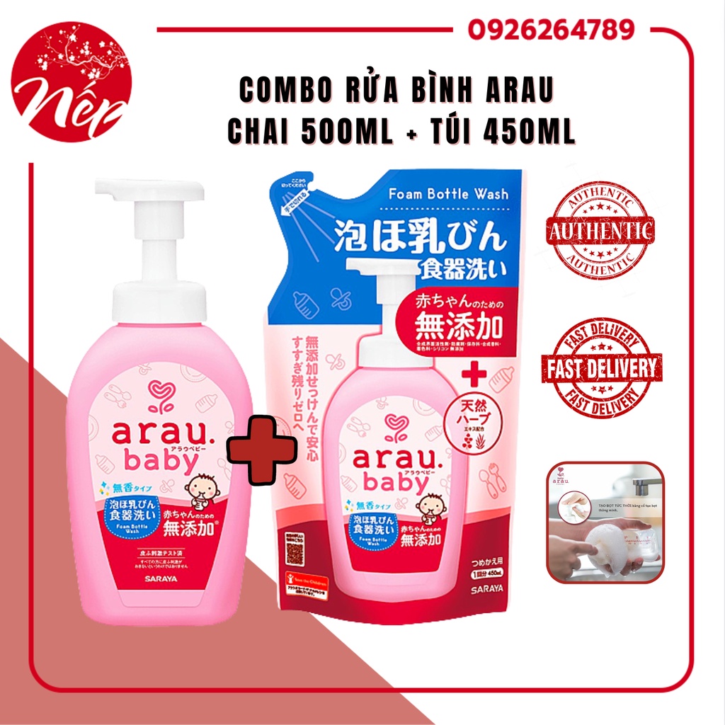 COMBO RỬA BÌNH ARAU CHAI 500ML + TÚI 450ML