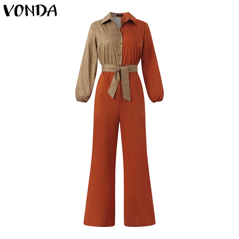 Bộ áo liền quần VONDA dài ống rộng cài nút màu sắc cổ điển dành cho nữ