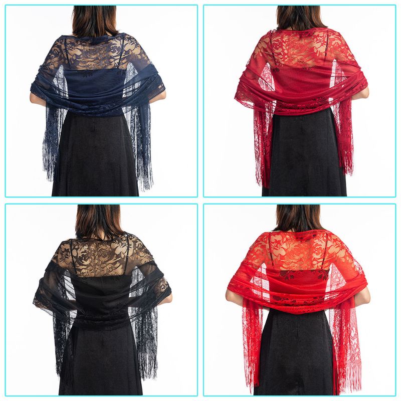 Khăn Quàng Cổ Ren Hoa Phối Tua Rua Thời Trang Cho Nữ 185x63cm 1920s