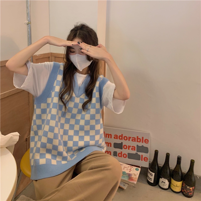 Áo len không tay cổ chữ V dáng rộng họa tiết sọc ca rô phong cách retro  | BigBuy360 - bigbuy360.vn