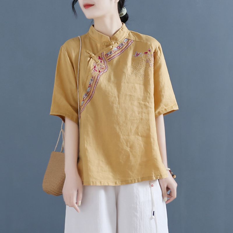 Áo Sơ Mi Tay Ngắn Dáng Rộng Chất Liệu Cotton Lanh Thêu Họa Tiết Phong Cách Dân Tộc Độc Đáo