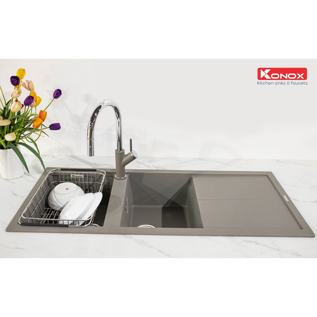 Vòi rửa bát rút dây KONOX Ponte Grey, bề mặt xử lý mạ PVD Granite, lõi hợp kim đồng 61% tiêu chuẩn Châu Âu CW617N