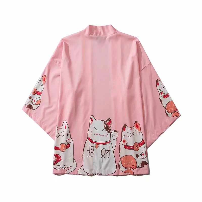 Fashion Pink Black Lucky Cat Women Men's Kimono Outer Blouse Japanese Loose Harajuku Unisex Clothes | BigBuy360 - bigbuy360.vn