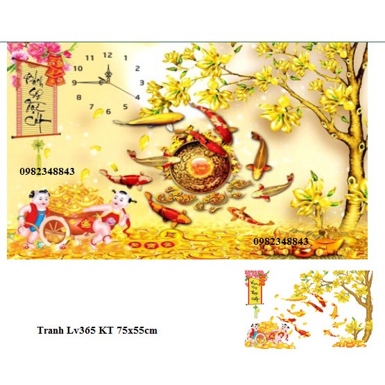 Tranh đính đá đồng hồ cá cửu ngư quần hội KT:75x55cm. Tranh gắn đá chưa làm.