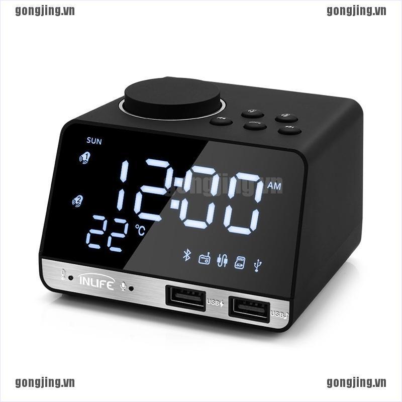 GONJ LED Display Dual Alarm Clock FM Radio Wireless Bluetooth Speaker USB Port