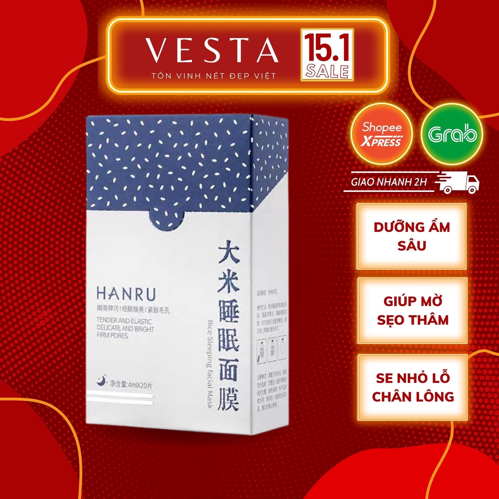 Mặt Nạ Ngủ Hanru - Hộp 20 Gói Mặt Nạ Dưỡng Da  - Mask Thạch Gạo Trắng Da Và Dưỡng Ẩm