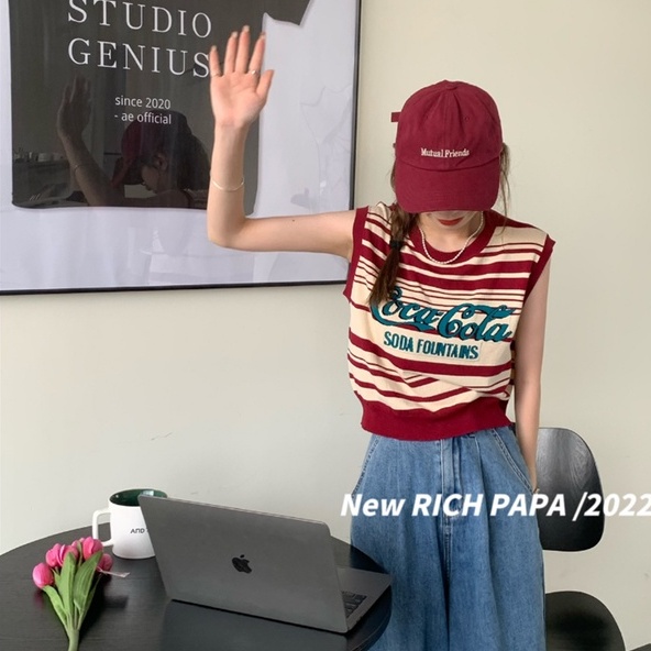 Áo tanktop XIAOZHAINV vải dệt kim sát nách kẻ sọc in chữ kiểu retro Hàn Quốc xinh xắn cho nữ