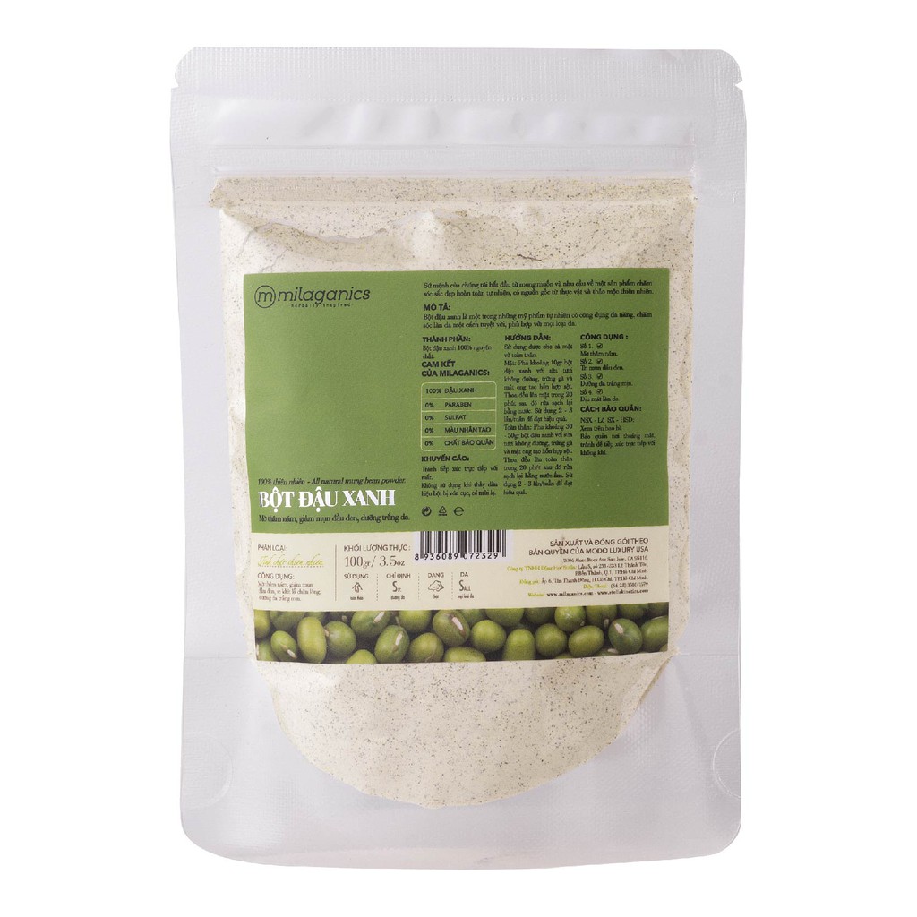 Bột Đậu Xanh Nguyên Chất Đắp Mặt Nạ Dưỡng Da Trắng Sáng, Ngăn Ngừa Mụn MILAGANICS 100g (Túi Zip) | BigBuy360 - bigbuy360.vn