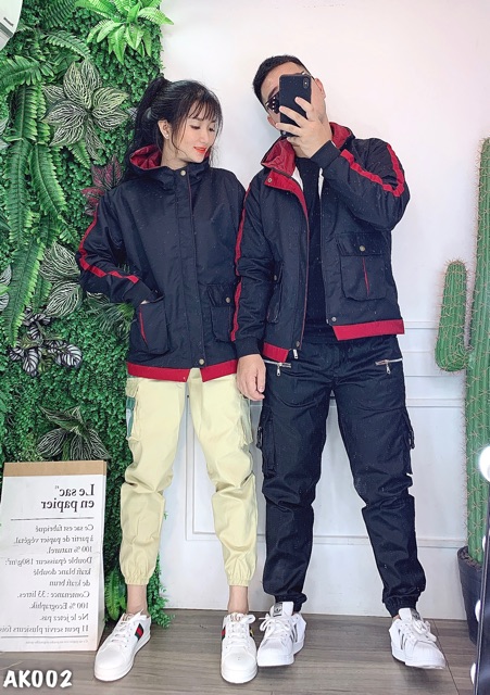 Áo Khoác Kaki Bomber Jackets 2 Lớp Form Rộng Unisex Couple TRƠN PHỐI MÀU ĐEN - AK1002