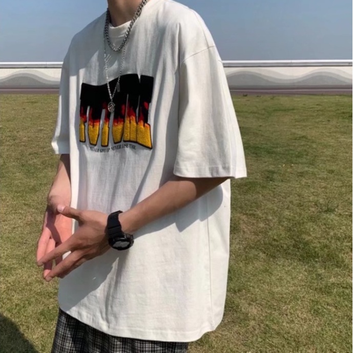 Áo Thun Nam Tay Ngắn Dáng Rộng Có Thêu Chữ Thời Trang Phong Cách