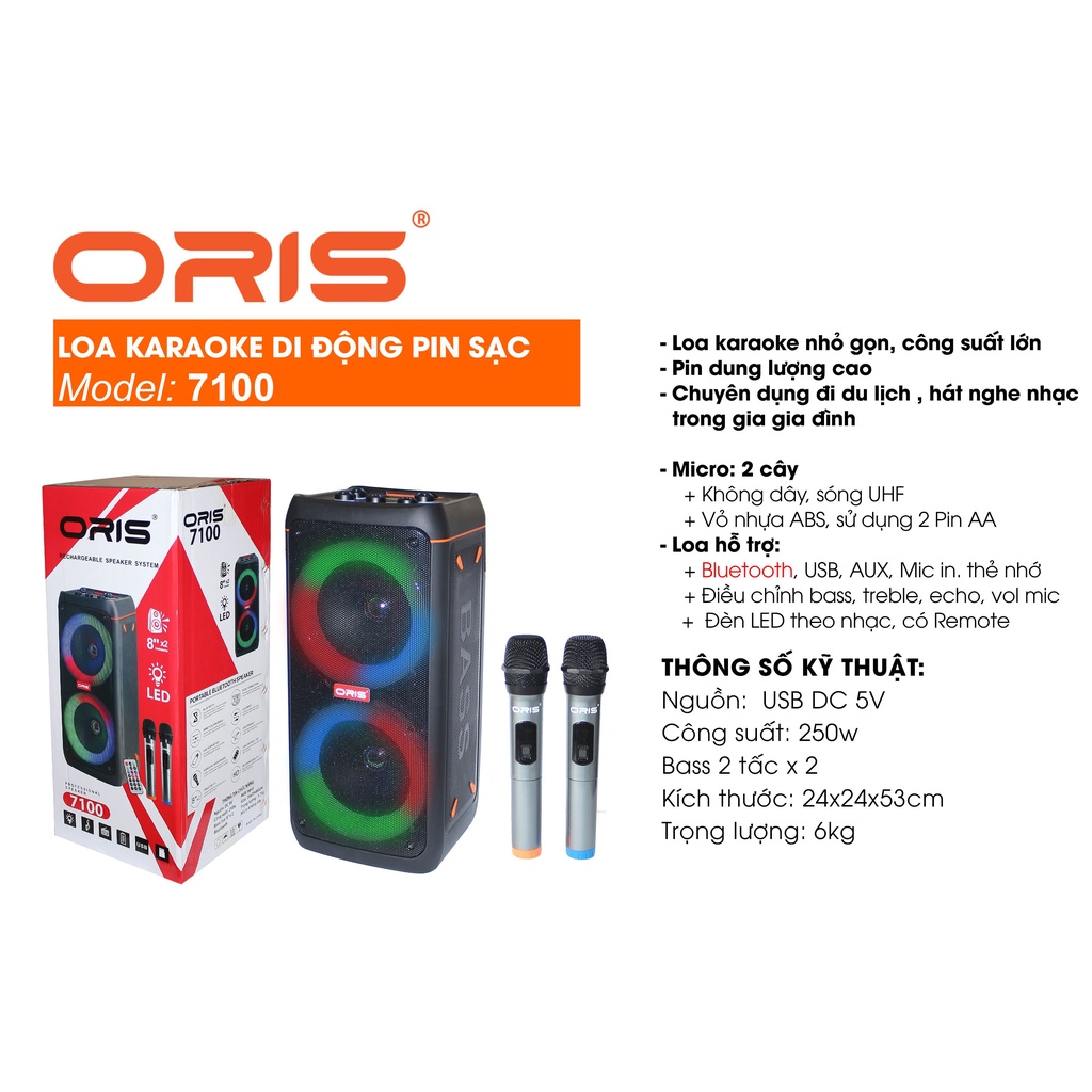 Loa Karaoke Di Động Oris 7100 pin sạc,nhỏ gọn thích hợp sử dụng trong phòng,mang đi du lịch,âm thanh hay