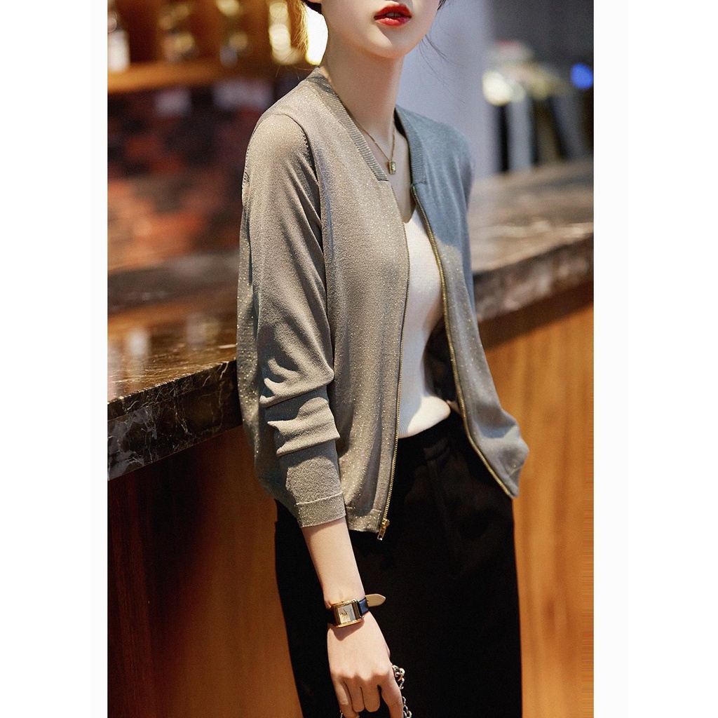 Áo Khoác Cardigan Dệt Kim Mỏng Nhẹ Tay Dài Cổ Đứng Có Khóa Kéo Đa Năng Thoáng Khí MGZY73215AA Thời Trang Cao Cấp Cho Nữ