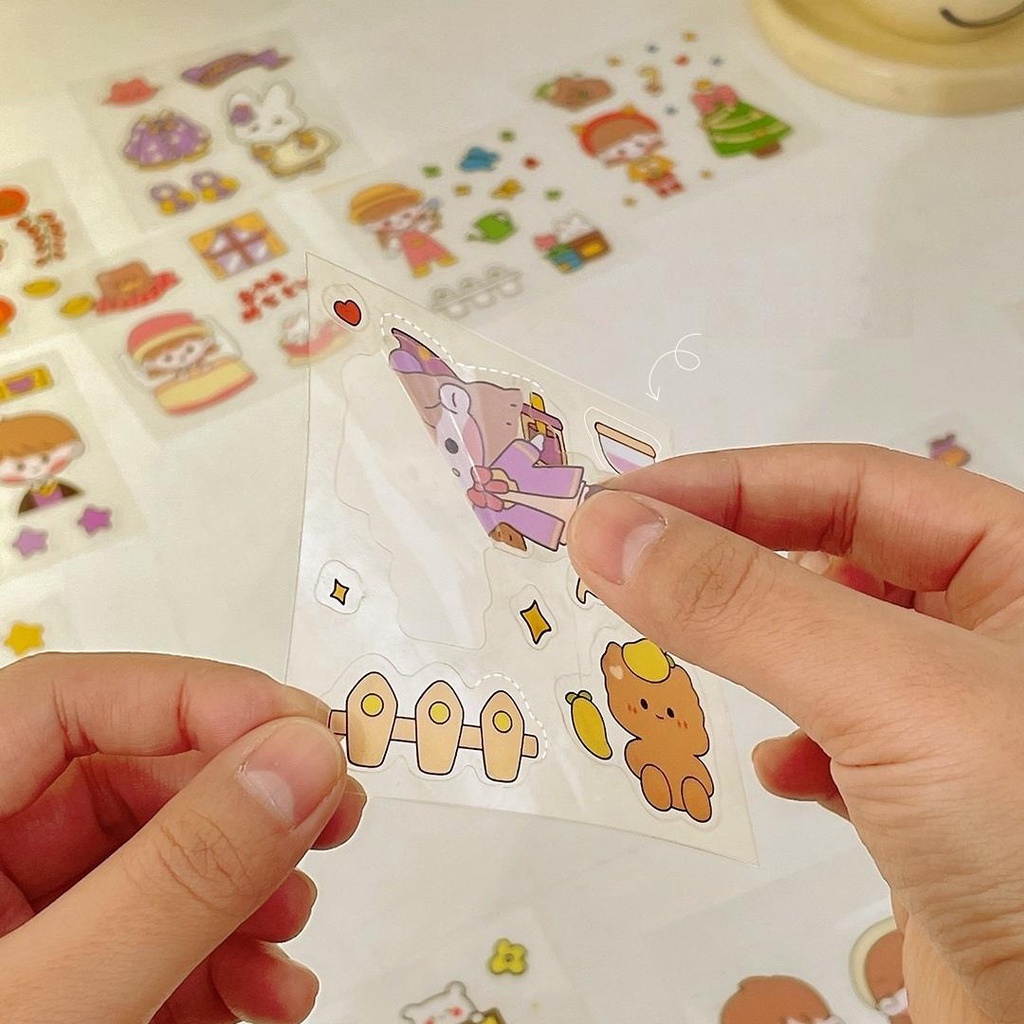 Sticker dán gấu vàng dễ thương trang trí bình nước, điện thoại nhựa PET siêu dính chống nước
