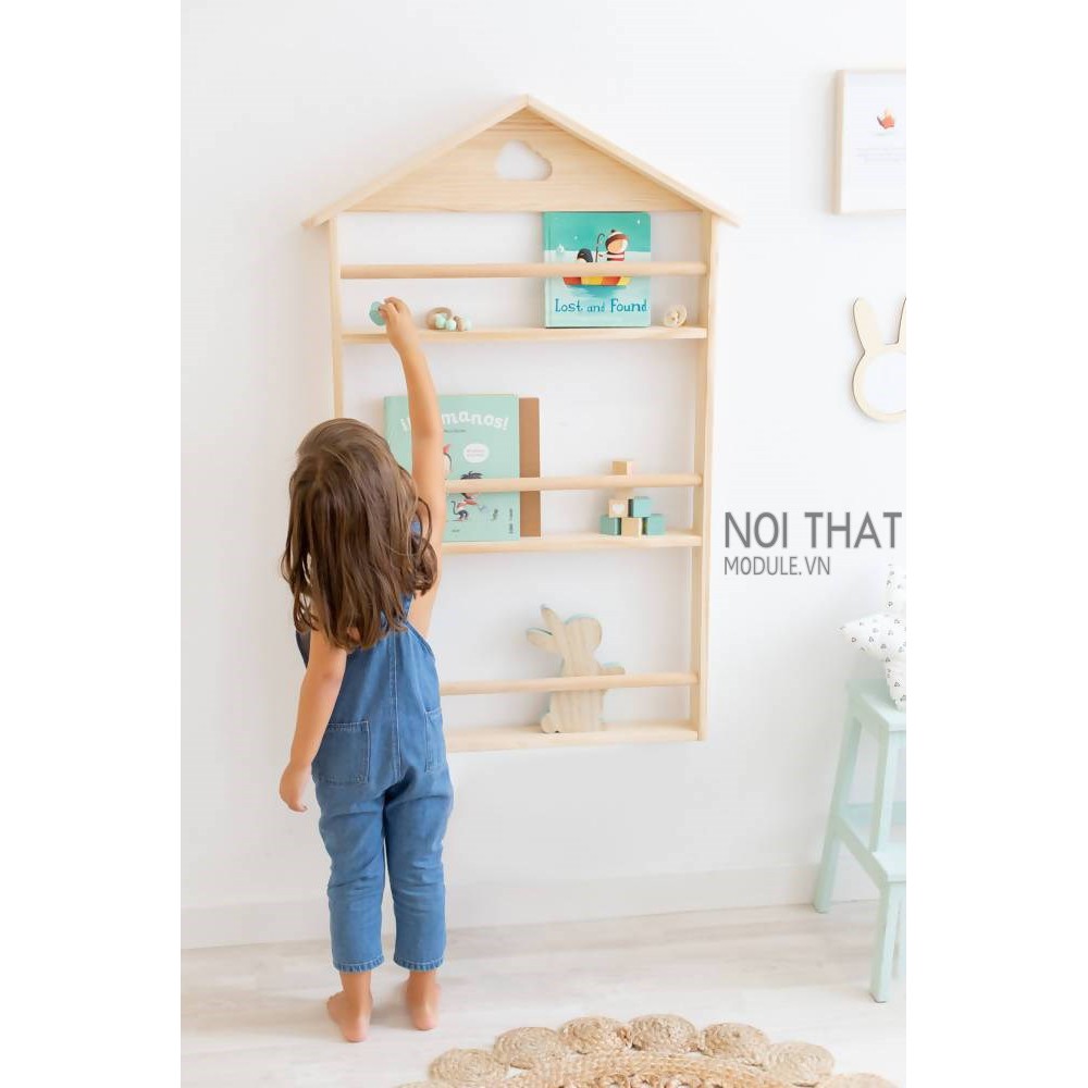 Kệ sách treo tường decor cho bé, Kệ sách trang trí cho bé yêu sản phẩm làm từ gỗ thông tự nhiên
