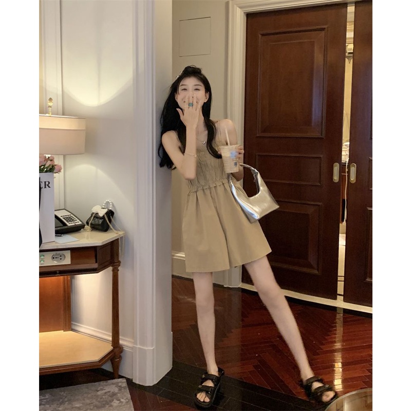 Summer 2022 new khakis children wear high waist wide leg jumpsuits loose show thin straps casual shorts