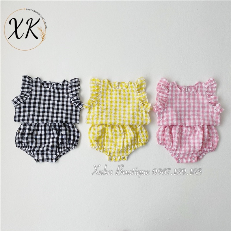 Bộ Quần Áo Cộc Tay Kẻ Caro Bé Gái 0-2 Tuổi Xuka Boutique Set Quần Áo Trẻ Em Quảng Châu Mẫu Mới 2022
