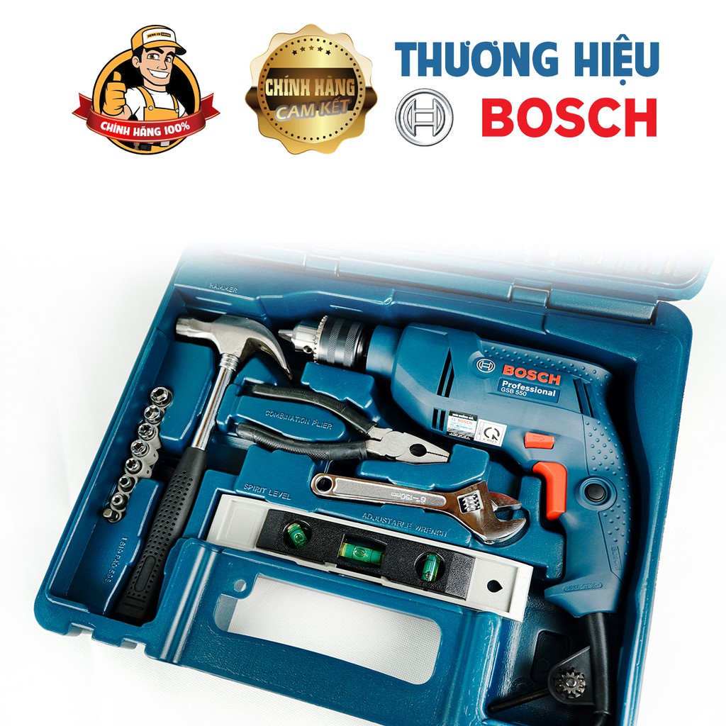 Máy khoan cầm tay Bosch chính hãng gsb550,Khoan bê tông 13mm vali 100 chi tiết.