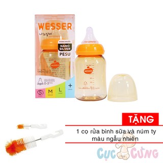 Bình sữa Wesser PESU cổ nhỏ 140ml Tặng cọ rửa bình sữa và cọ rửa núm ty màu ngẫu nhiên