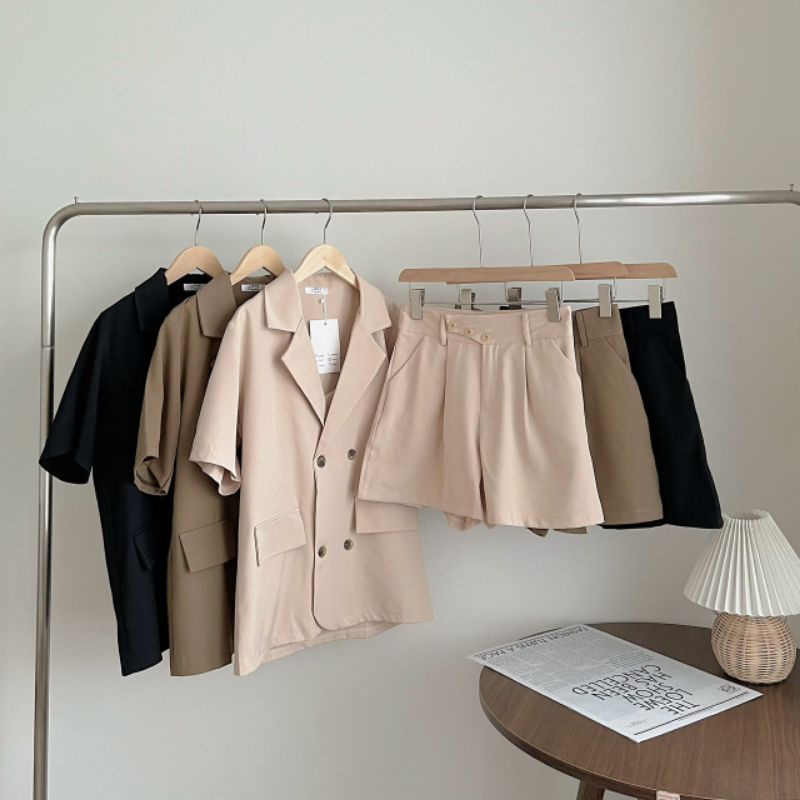 Set đồ nữ áo khoác vest 3 chi tiết kèm quần short + áo 2 dây mặc trong bảng màu vintage - Ảnh thật Yena Closet | BigBuy360 - bigbuy360.vn