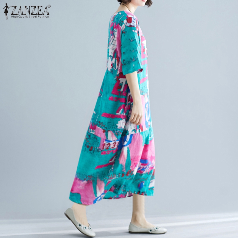 Đầm Nữ ZANZEA Ngắn Tay Cổ Tròn Form Dài Rộng Thời Trang | BigBuy360 - bigbuy360.vn