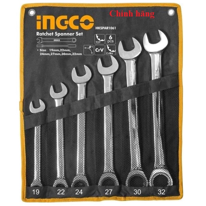 ĐỒ NGHỀ INGCO Bộ 6 cờ lê miệng vòng hai chiều size 19mm - 32mm HKSPAR1061 (Cam kết Chính Hãng 100%)