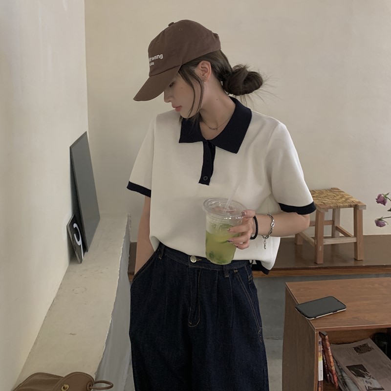 Áo polo dệt kim ngắn tay thời trang xuân thu Pháp