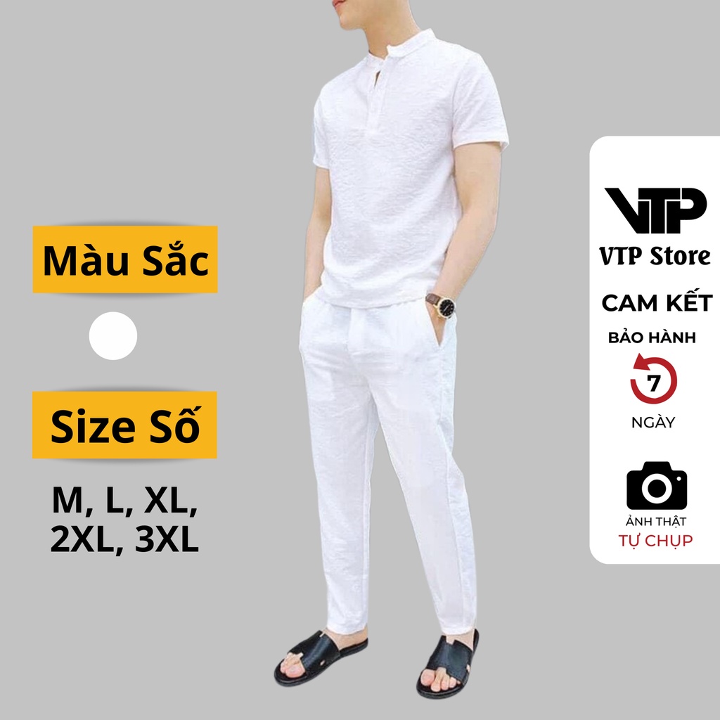Bộ đũi nam quần dài áo cộc trắng cao cấp, Bộ quần áo nam chất đũi xước nhẹ thoáng mát không nhăn