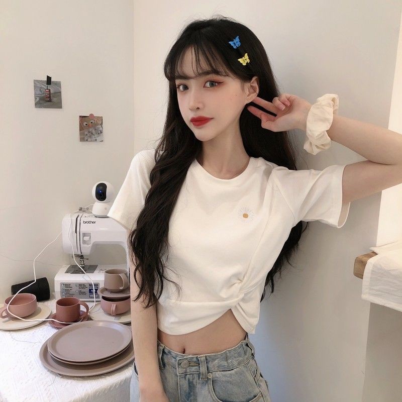 ❀Áo thun ngắn tay crop top Hanfan của phụ nữ Mùa hè 2021 cô gái mới sinh viên lưới màu đỏ hoa cúc nhỏ từ bi