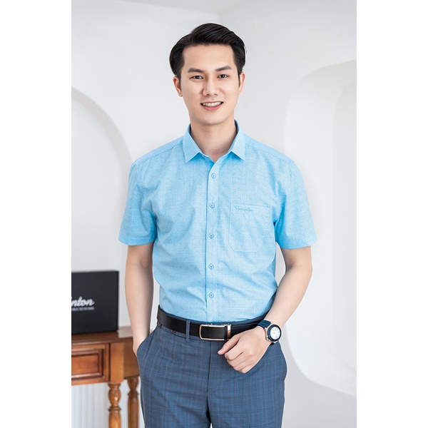 Áo Sơ Mi Nam Công Sở Trung Niên Thương Hiệu Anton Ngắn Tay Màu Xanh Vải Cotton Thấm Hút Họa Tiết In -XGD560