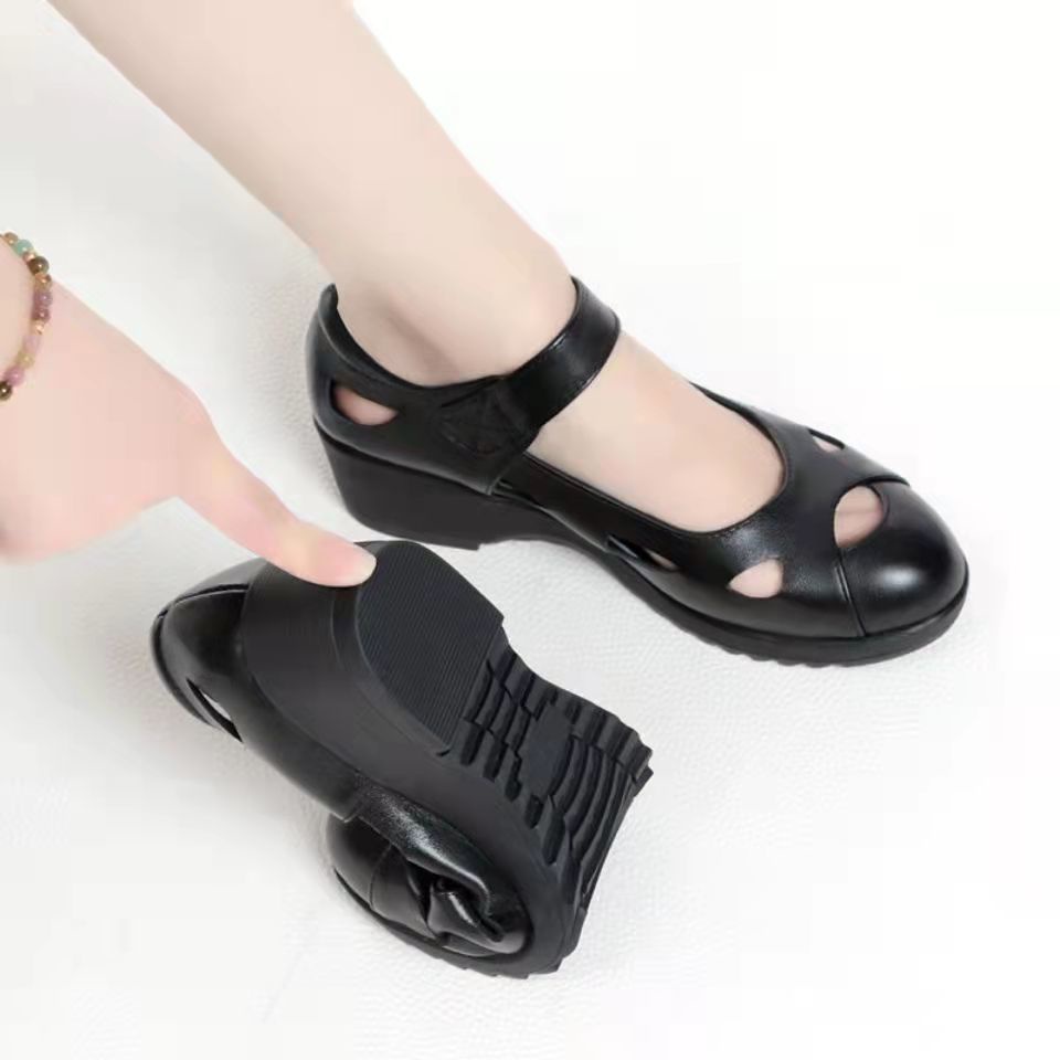 Giày Sandal Da Thật Đế Xuồng Mềm Mũi Tròn Thời Trang Cho Phụ Nữ Trung Niên