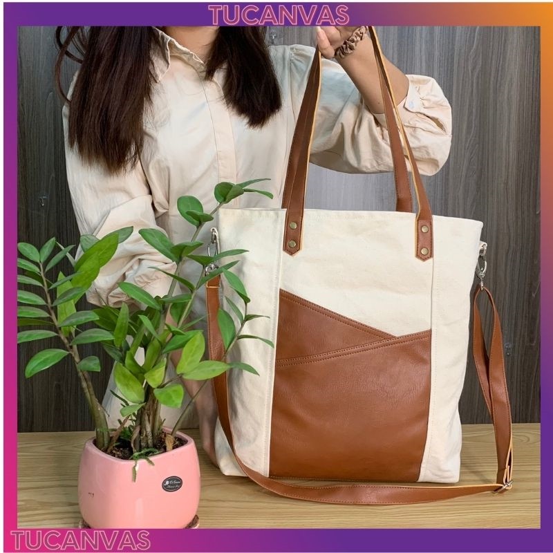 Túi xách nữ, túi đeo chéo nữ công sở vải canvas mix da PU cao cấp kiểu dáng thời trang Hàn Quốc TUCANVAS TCV10