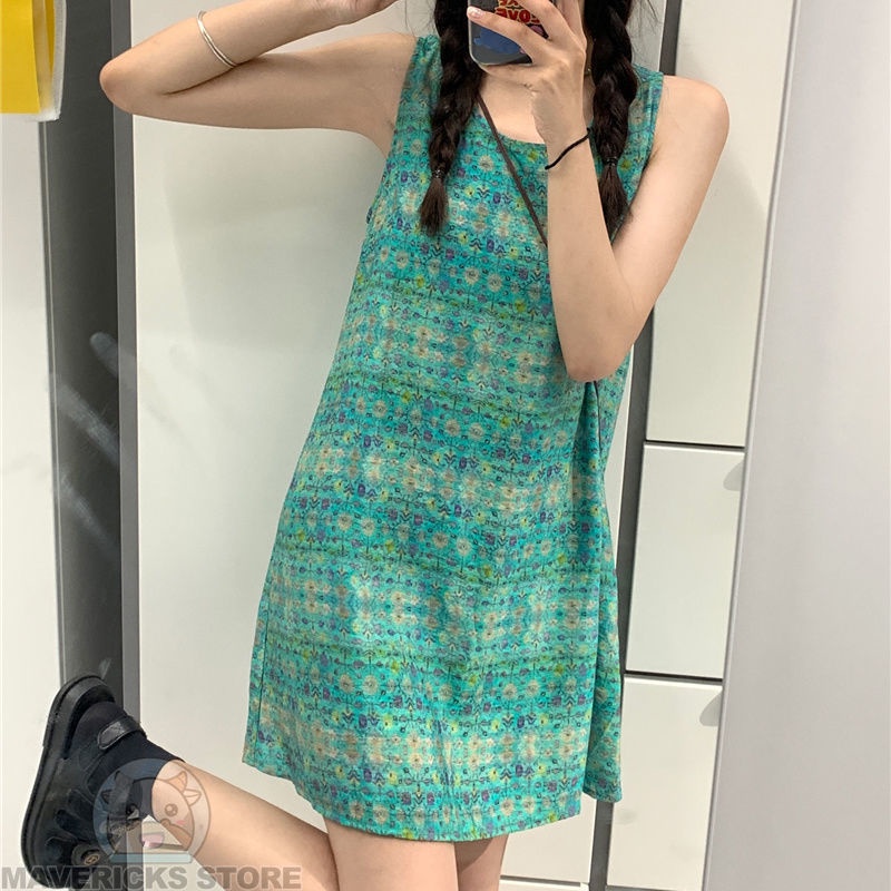 Đầm Sát Nách Cổ Tròn In Họa Tiết Hoa Nhí Xinh Xắn Phong Cách retro Hàn Quốc