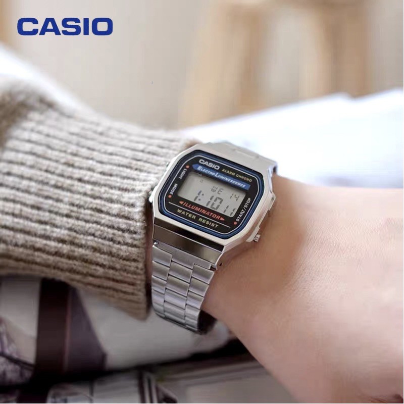 Đồng hồ  nam nữ Casio điện tử chính hãng mặt vuông chống nước 3ATM , dây kim loại - đồng hồ A168