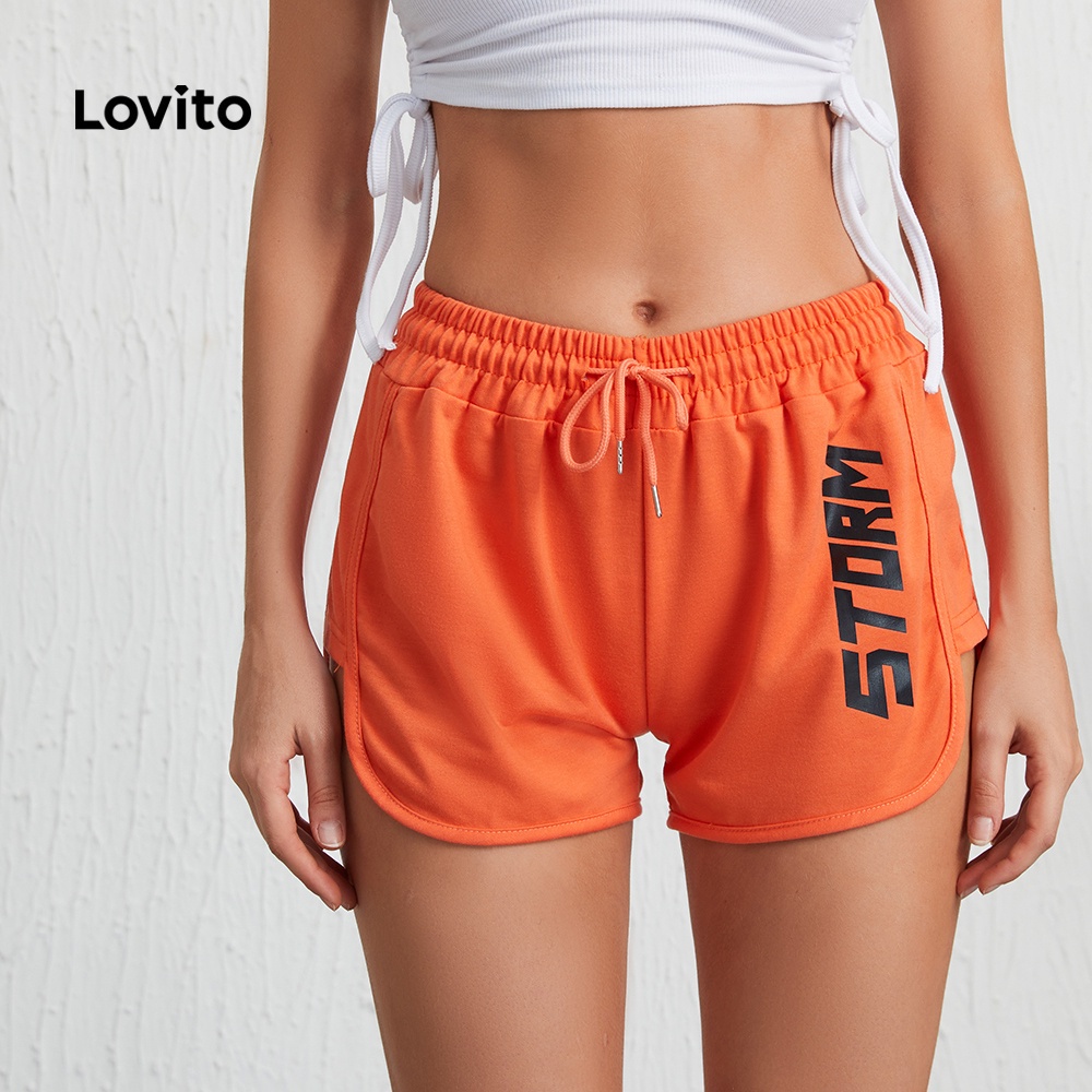 Quần short Lovito phong cách thể thao dây rút in chữ L09034
