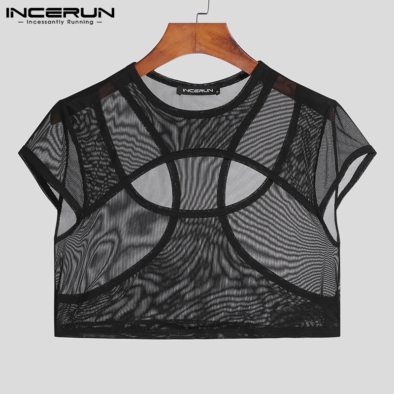 Áo croptop nam INCERUN tay ngắn khoét lỗ cổ tròn dạng lưới xuyên thấu gợi cảm