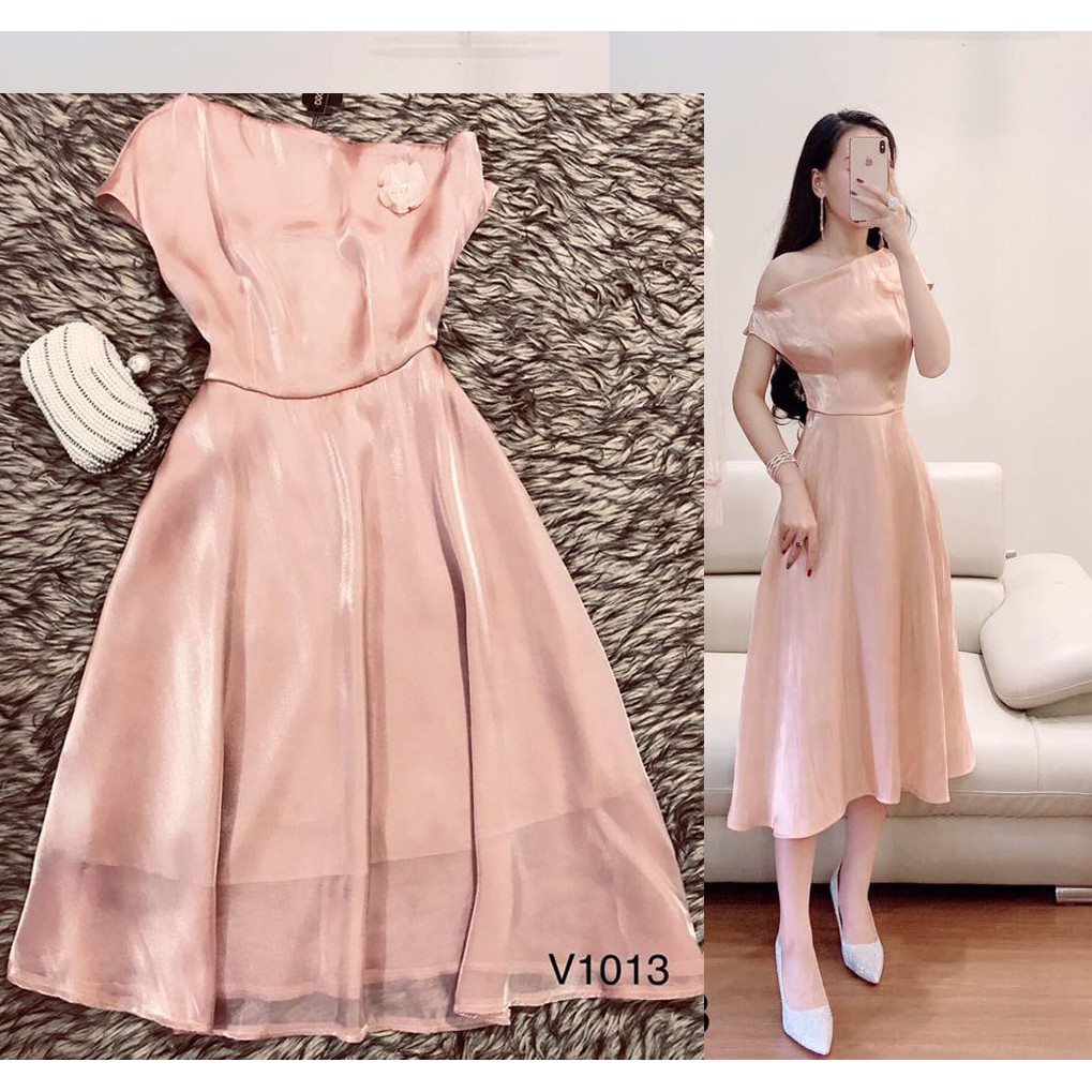 Váy lệch vai sang chảnh xòe Đầm dự tiệc V1013 (ẢNH MẪU MẶC, TRẢI SÀN SHOP TỰ CHỤP) Màu Be hồng size S, M, L FREE SHIP