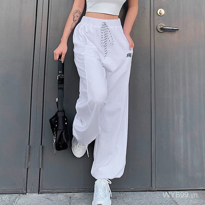 Street Style Letter Embroidered Draping Sports Casual Pants Women's High Waist Lace-up Loose Thin Looking Jogger Pants