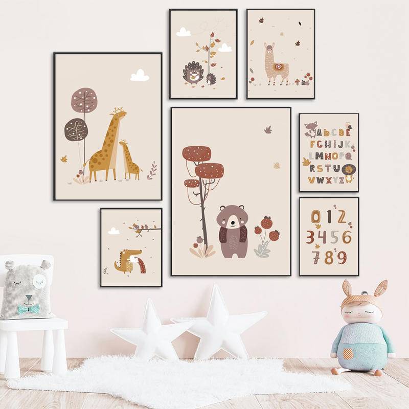 Tranh Vải Bạt Treo Tường In Hình Hươu Cao Cổ / Gấu / Cá Sấu Chữ Cái Trang Trí Phòng Trẻ Em