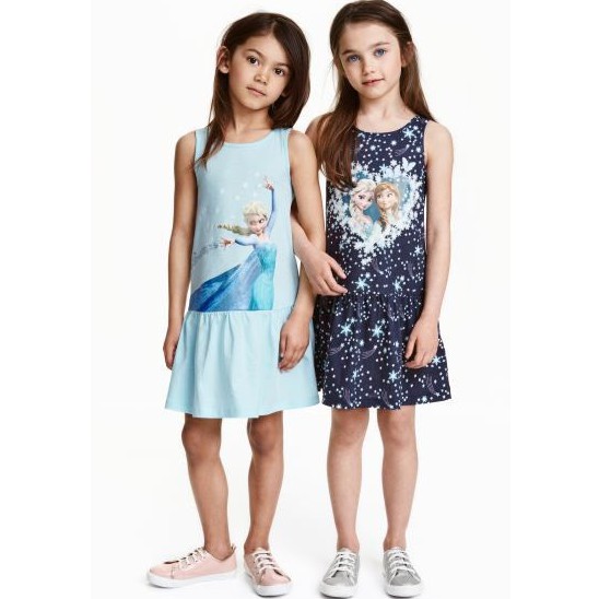 Váy đầm bé gái - Set 2 váy Elsa xanh HM chất cotton cho bé gái size 2-10 tuổi