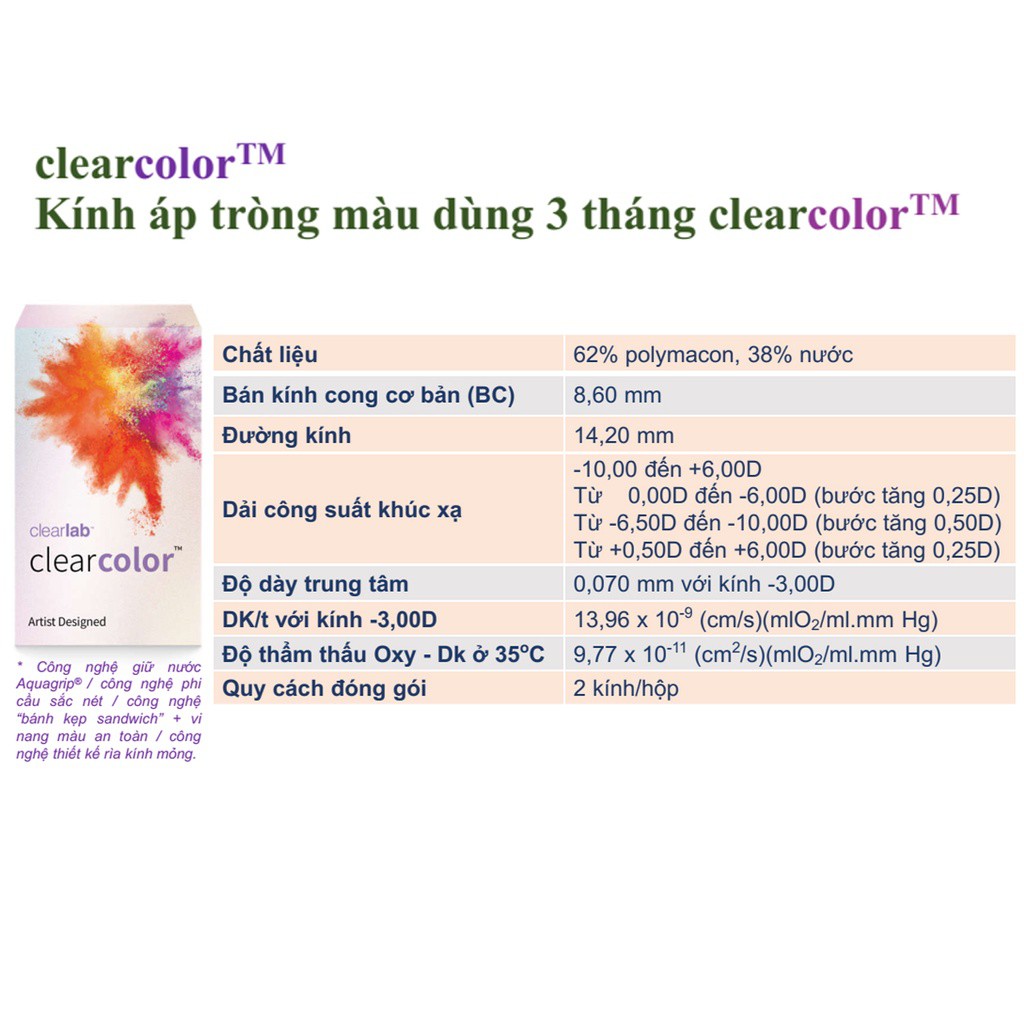 Kính áp tròng màu 3 tháng cận thị Thiên Hà Optical CLEARLAB- Mỹ 3 lens màu thời trang kháng khuẩn độ ẩm cao cận đến-6.00