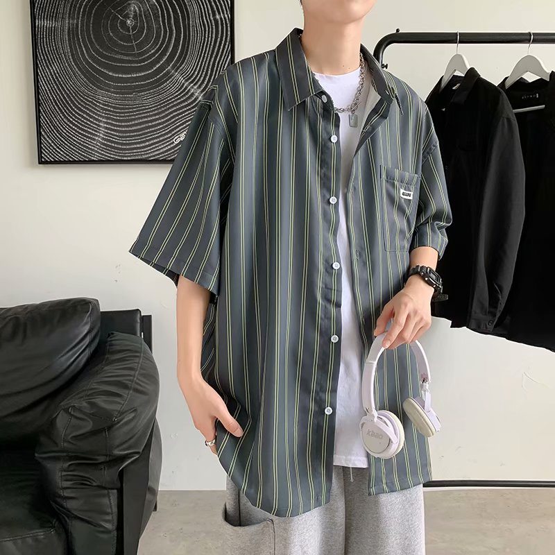 Áo Sơ Mi Tay Ngắn Dáng Rộng Họa Tiết Kẻ Sọc Phong Cách Retro Hàn Quốc Cá Tính Cho Nam Simple Fashion Sọc áo nam đẹp