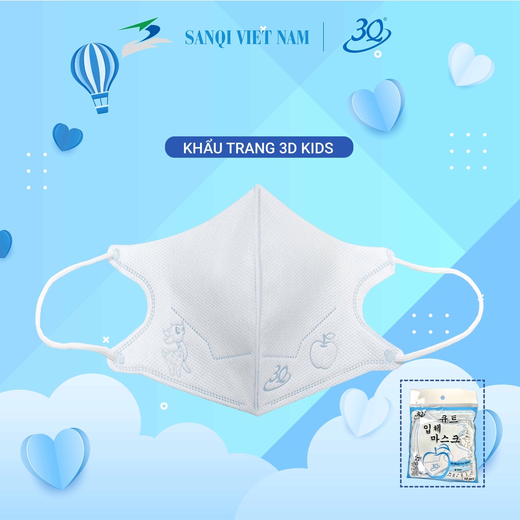 [COMBO 10 TÚI /100 CÁI] [CHÍNH HÃNG] KHẨU TRANG 3D TRẺ EM, NGƯỜI LỚN SANQI 3Q SET 1 BỊCH 10 CÁI ( MÀU XANH-TRẮNG)