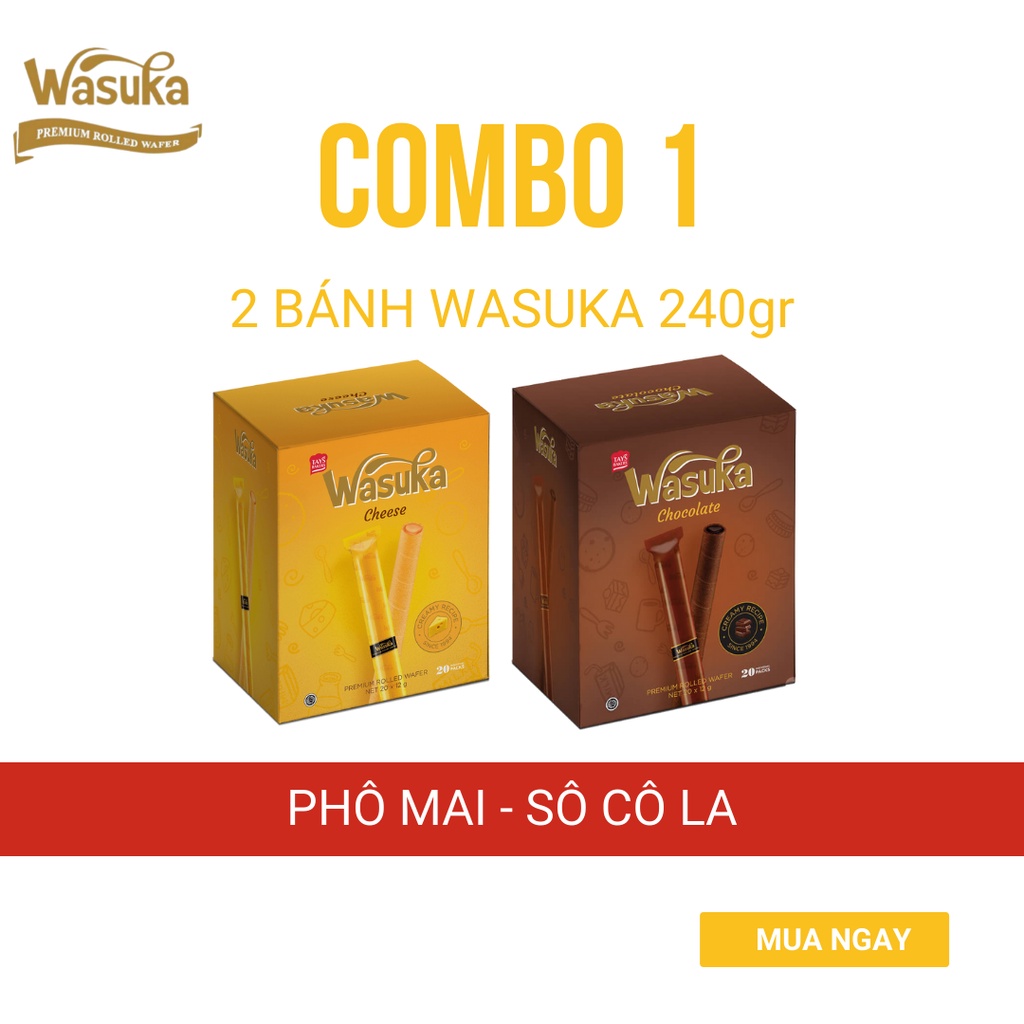 Combo 1: 2 Hộp Bánh Quế Wasuka 240gr BEST SELLER (Sô cô la + Phô mai)